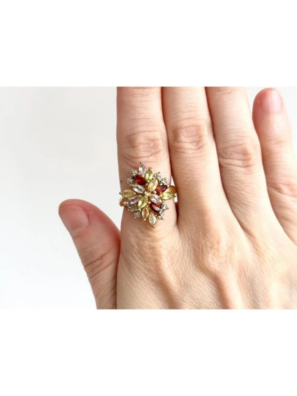 Rainbow Gemstone Vermeil Floral Sterling Silver 925 Vintage Ring - sz 8